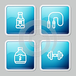 Set line Vitamins, Jump rope, Sports nutrition and Dumbbell icon. Vector
