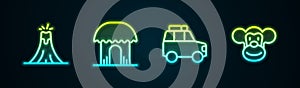 Set line Volcano eruption, African hut, Car and Monkey. Glowing neon icon. Vector