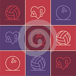 Set line Volleyball ball, Bowling and Heart rate icon. Vector