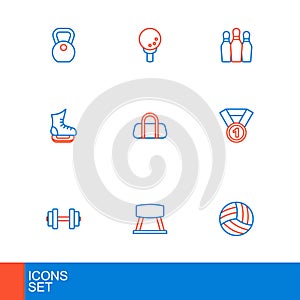 Set line Volleyball ball, Pommel horse, Dumbbell, Medal, Skates, Sport bag, Bowling pin and Golf on tee icon. Vector