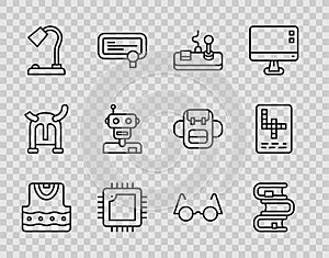 Set line Waistcoat, Book, Gamepad, Processor with CPU, Table lamp, Robot, Eyeglasses and Crossword icon. Vector