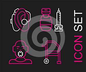 Set line Walker, Head of deaf and dumb, Syringe and Hearing aid icon. Vector