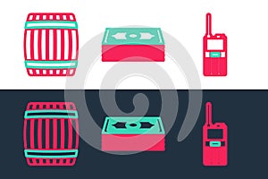 Set line Walkie talkie, Wooden barrel and Stacks paper money cash icon. Vector