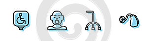 Set line Walking stick cane, Disabled wheelchair, Head of deaf and dumb and Hearing aid icon. Vector