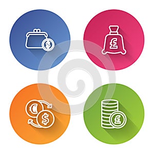 Set line Wallet with coins, Coin money pound, Money exchange and . Color circle button. Vector