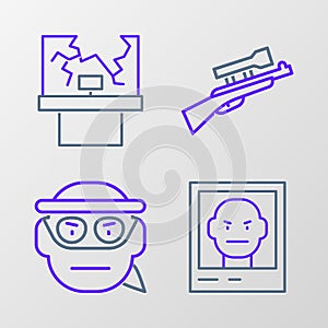 Set line Wanted poster, Bandit, Sniper rifle with scope and Broken window icon. Vector