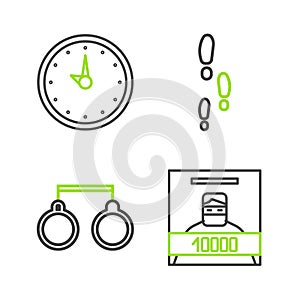 Set line Wanted poster, Handcuffs, Footsteps and Clock icon. Vector