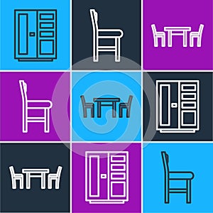 Set line Wardrobe, Wooden table with chair and Chair icon. Vector