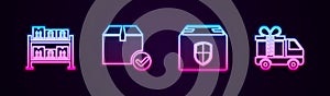 Set line Warehouse, Package box with check mark, Delivery security shield and truck gift. Glowing neon icon. Vector