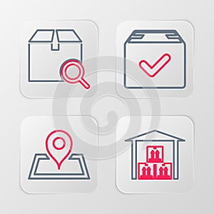 Set line Warehouse, Placeholder on map, Package box with check mark and Search package icon. Vector