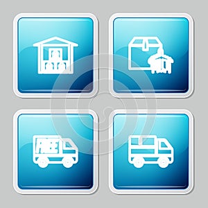 Set line Warehouse, Plane and cardboard box, Free delivery service and Delivery truck with boxes icon. Vector