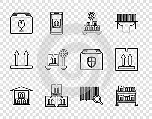 Set line Warehouse, Scale with cardboard box, Cardboard traffic, Delivery fragile content, Search barcode and icon