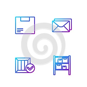 Set line Warehouse, Wooden box with check mark, Carton cardboard and Envelope. Gradient color icons. Vector