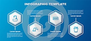 Set line Washbasin with water tap, Water, Bar of soap and Bucket suds. Business infographic template. Vector