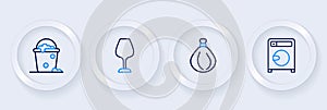 Set line Washer, Garbage bag, Wine glass and Bucket with foam and bubbles icon. Vector