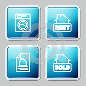 Set line Washer, Hanging sign with Rent, House contract and text Sold icon. Vector