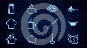 Set line Washing dishes, Kitchen colander, Cooking soup pot, Coffee cup, Chef hat, Salt pepper, Knife and icon. Vector