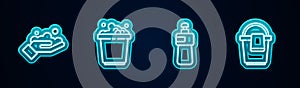 Set line Washing hands with soap, Bucket suds, Dishwashing liquid bottle and rag. Glowing neon icon. Vector