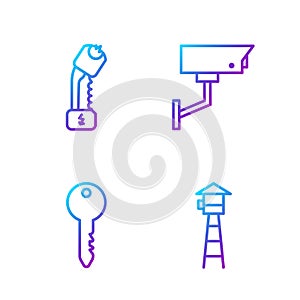 Set line Watch tower, Key, Police electric shocker and Security camera. Gradient color icons. Vector photo