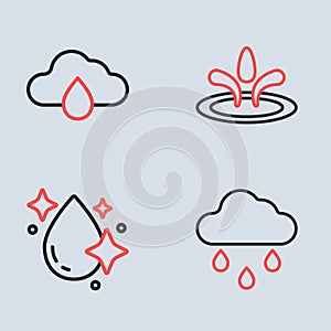 Set line Water drop, Cloud with rain and icon. Vector