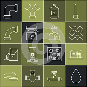 Set line Water drop, Electric water pump, Wave, Big bottle with clean, Well, Industry metallic pipe, and Plumber icon