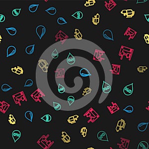 Set line Water drop, with H2O, Coffee pot cup and machine and on seamless pattern. Vector