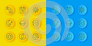 Set line Water drop, Moon and stars, Planet Saturn, Earth globe, Aquarius zodiac, Sun and Calendar icon. Vector