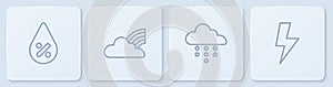 Set line Water drop percentage, Cloud with rain, Rainbow clouds and Lightning bolt. White square button. Vector