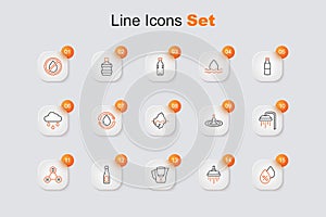 Set line Water drop percentage, Shower, jug with filter, Bottle of water, Chemical formula H2O, and Iceberg icon. Vector