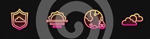 Set line Water drop percentage, Weather forecast, Sunrise and and cloud weather. Glowing neon icon. Vector