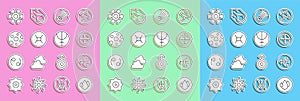 Set line Water drop, Sagittarius zodiac, Earth globe, Comet, Gemini, Full moon, Sun and Neptune planet icon. Vector