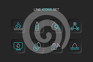 Set line Water drop, Watering can, percentage, with location, Chemical formula water H2O, Drop and magnifying glass