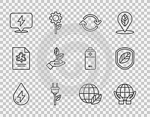 Set line Water energy, Hands holding Earth globe, Refresh, Electric saving plug leaf, Lightning bolt, Plant hand, and