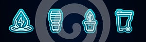 Set line Water energy, LED light bulb, Plant in pot and Trash can. Glowing neon icon. Vector