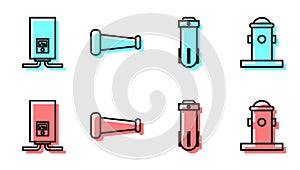 Set line Water filter, Gas boiler with a burning fire, Industry metallic pipe and Fire hydrant icon. Vector