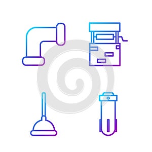 Set line Water filter, Rubber plunger, Industry metallic pipe and Well. Gradient color icons. Vector