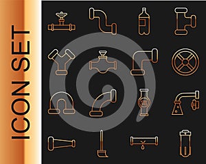 Set line Water filter, tap, Industry valve, Bottle of water, pipe and, metallic, and icon. Vector