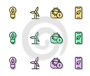 Set line Water mill, Light bulb with leaf, Wind turbine and Mobile phone icon. Vector