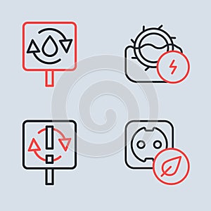 Set line Water mill, Recycle symbol, Electrical outlet and clean aqua icon. Vector