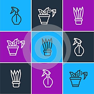 Set line Water spray bottle, Plant in pot and Spraying plant icon. Vector