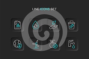 Set line Water tap, Apple, Wind turbine, Earth with shield, Trash can, Leaf hand, Recycle clean aqua and Radioactive