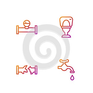 Set line Water tap, Broken pipe, Industry and manometer and Toilet bowl. Gradient color icons. Vector