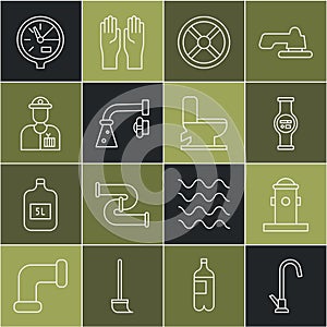 Set line Water tap, Fire hydrant, meter, Industry valve, Plumber, and Toilet bowl icon. Vector