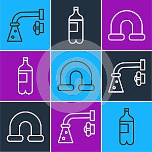 Set line Water tap, Industry metallic pipe and Bottle of water icon. Vector