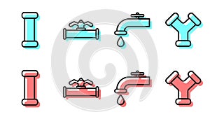 Set line Water tap, Industry metallic pipe, Industry pipe and valve and Industry metallic pipe icon. Vector