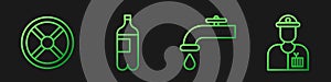 Set line Water tap, Industry valve, Bottle of water and Plumber. Gradient color icons. Vector