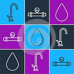 Set line Water tap, Water drop and Industry pipe and manometer icon. Vector