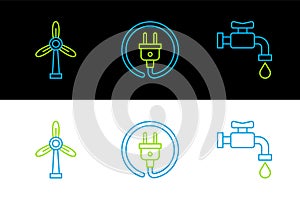Set line Water tap, Wind turbine and Electric plug icon. Vector