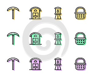 Set line Water tower, Pickaxe, Farm house and Wicker basket icon. Vector