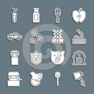 Set line Watering can, Farm house, Garden hose, Shovel, Seeds, Pickup truck, Carrot and Windmill icon. Vector